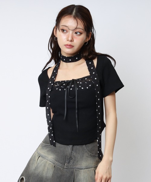 SPIRALGIRL(スパイラルガール)の「ドット柄チョーカーレイヤードトップス(Tシャツ/カットソー・レディース・グレー/ブラック・FREE)」の6枚目の写真