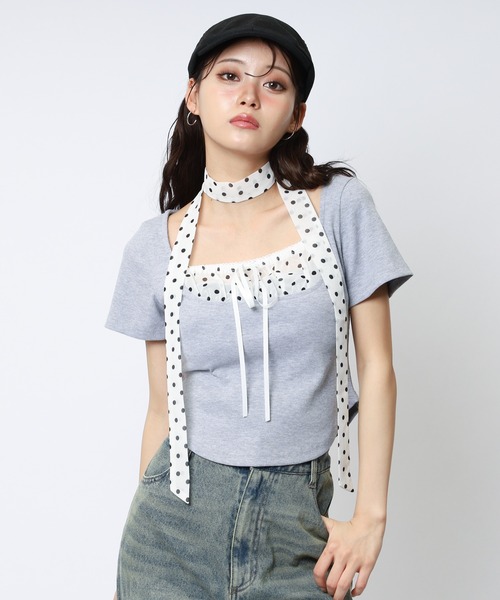 SPIRALGIRL(スパイラルガール)の「ドット柄チョーカーレイヤードトップス(Tシャツ/カットソー・レディース・グレー/ブラック・FREE)」の11枚目の写真