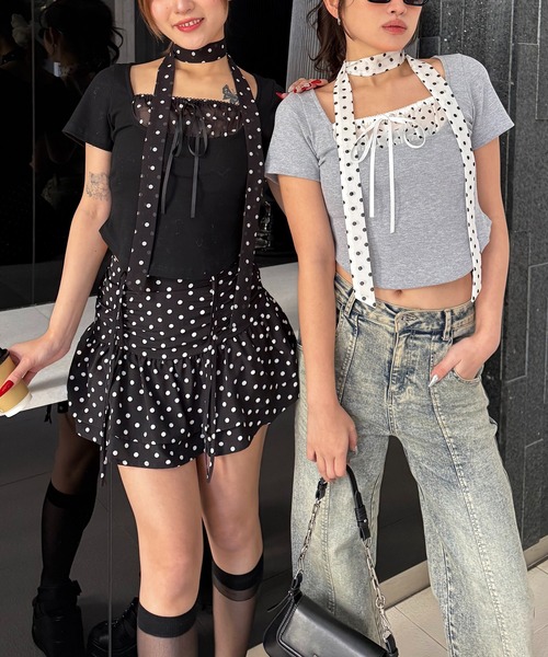 SPIRALGIRL(スパイラルガール)の「ドット柄チョーカーレイヤードトップス(Tシャツ/カットソー・レディース・グレー/ブラック・FREE)」の10枚目の写真