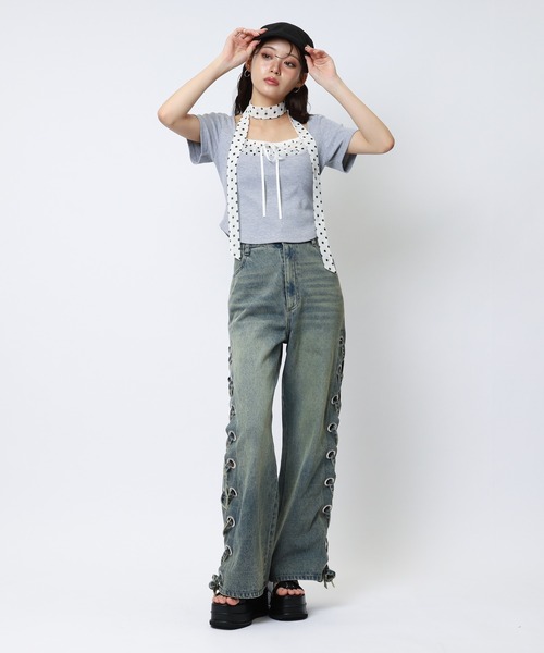 SPIRALGIRL(スパイラルガール)の「ドット柄チョーカーレイヤードトップス(Tシャツ/カットソー・レディース・グレー/ブラック・FREE)」の12枚目の写真