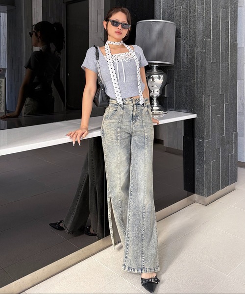 SPIRALGIRL(スパイラルガール)の「ドット柄チョーカーレイヤードトップス(Tシャツ/カットソー・レディース・グレー/ブラック・FREE)」の13枚目の写真