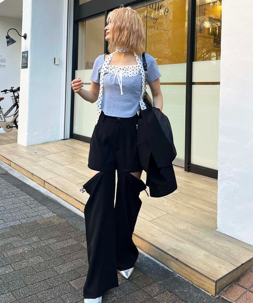 SPIRALGIRL(スパイラルガール)の「ドット柄チョーカーレイヤードトップス(Tシャツ/カットソー・レディース・グレー/ブラック・FREE)」の15枚目の写真