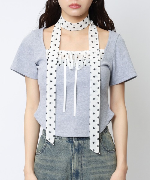 SPIRALGIRL(スパイラルガール)の「ドット柄チョーカーレイヤードトップス(Tシャツ/カットソー・レディース・グレー/ブラック・FREE)」の17枚目の写真