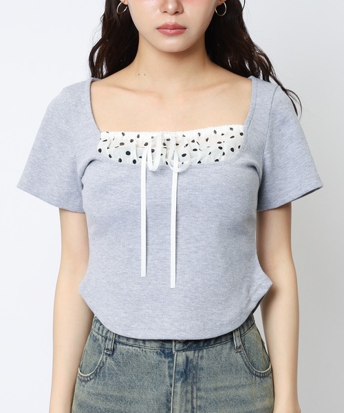 SPIRALGIRL(スパイラルガール)の「ドット柄チョーカーレイヤードトップス(Tシャツ/カットソー・レディース・グレー/ブラック・FREE)」の18枚目の写真