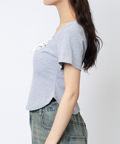 SPIRALGIRL(スパイラルガール)の「ドット柄チョーカーレイヤードトップス(Tシャツ/カットソー・レディース・グレー/ブラック・FREE)」の19枚目の写真