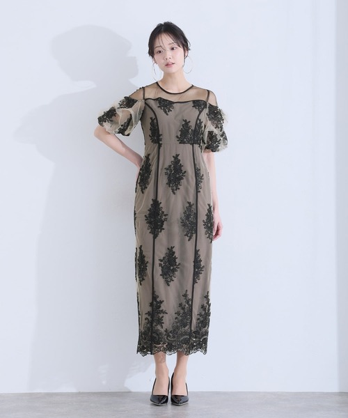 PourVous(プールヴー)の「ミモレ丈&袖あり フォーマル シアー切替スパンコール Iライン パフスリーブスカラップセレモニー 結婚式 二次会 パーティー ドレス オケージョンドレス お呼ばれ 同窓会 成人式 (ドレス・レディース・ベージュ/グリーン/グレー・M)」の1枚目の写真