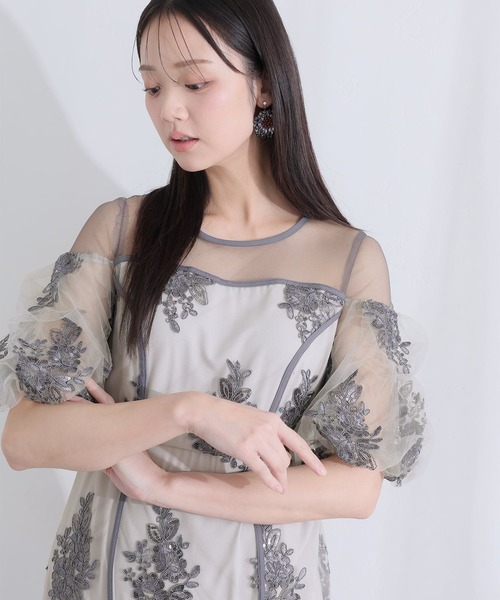 PourVous(プールヴー)の「ミモレ丈&袖あり フォーマル シアー切替スパンコール Iライン パフスリーブスカラップセレモニー 結婚式 二次会 パーティー ドレス オケージョンドレス お呼ばれ 同窓会 成人式 (ドレス・レディース・ベージュ/グリーン/グレー・M)」の2枚目の写真