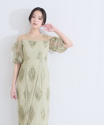 ミモレ丈&袖あり フォーマル シアー切替スパンコール Iライン パフスリーブスカラップセレモニー 結婚式 二次会 パーティー ドレス オケージョンドレス お呼ばれ 同窓会 成人式