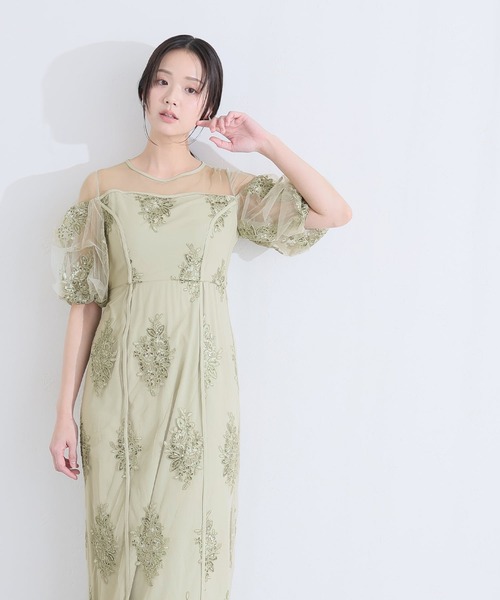 PourVous(プールヴー)の「ミモレ丈&袖あり フォーマル シアー切替スパンコール Iライン パフスリーブスカラップセレモニー 結婚式 二次会 パーティー ドレス オケージョンドレス お呼ばれ 同窓会 成人式 (ドレス・レディース・ベージュ/グリーン/グレー・M)」の3枚目の写真