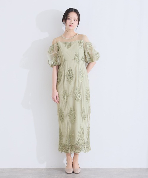 PourVous(プールヴー)の「ミモレ丈&袖あり フォーマル シアー切替スパンコール Iライン パフスリーブスカラップセレモニー 結婚式 二次会 パーティー ドレス オケージョンドレス お呼ばれ 同窓会 成人式 (ドレス・レディース・ベージュ/グリーン/グレー・M)」の5枚目の写真