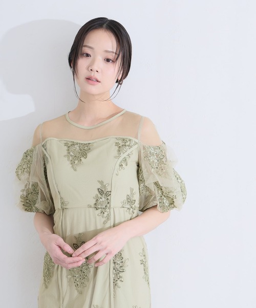 PourVous(プールヴー)の「ミモレ丈&袖あり フォーマル シアー切替スパンコール Iライン パフスリーブスカラップセレモニー 結婚式 二次会 パーティー ドレス オケージョンドレス お呼ばれ 同窓会 成人式 (ドレス・レディース・ベージュ/グリーン/グレー・M)」の6枚目の写真