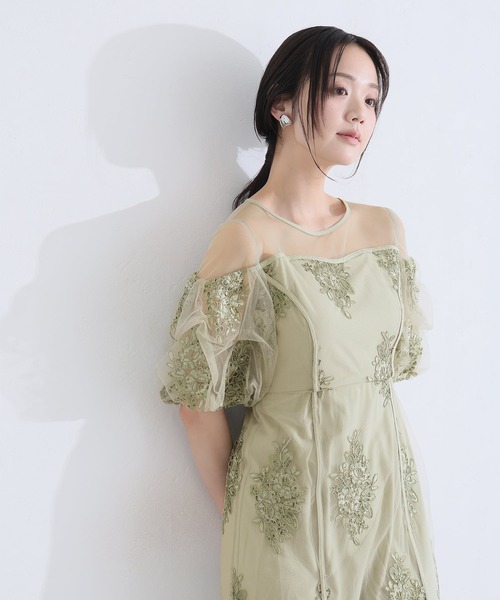 PourVous(プールヴー)の「ミモレ丈&袖あり フォーマル シアー切替スパンコール Iライン パフスリーブスカラップセレモニー 結婚式 二次会 パーティー ドレス オケージョンドレス お呼ばれ 同窓会 成人式 (ドレス・レディース・ベージュ/グリーン/グレー・M)」の7枚目の写真
