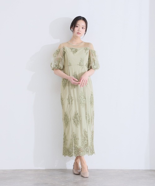 PourVous(プールヴー)の「ミモレ丈&袖あり フォーマル シアー切替スパンコール Iライン パフスリーブスカラップセレモニー 結婚式 二次会 パーティー ドレス オケージョンドレス お呼ばれ 同窓会 成人式 (ドレス・レディース・ベージュ/グリーン/グレー・M)」の8枚目の写真