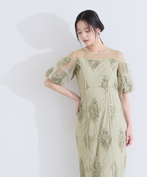 PourVous(プールヴー)の「ミモレ丈&袖あり フォーマル シアー切替スパンコール Iライン パフスリーブスカラップセレモニー 結婚式 二次会 パーティー ドレス オケージョンドレス お呼ばれ 同窓会 成人式 (ドレス・レディース・ベージュ/グリーン/グレー・M)」の9枚目の写真