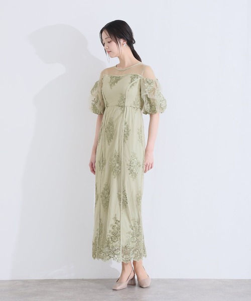 PourVous(プールヴー)の「ミモレ丈&袖あり フォーマル シアー切替スパンコール Iライン パフスリーブスカラップセレモニー 結婚式 二次会 パーティー ドレス オケージョンドレス お呼ばれ 同窓会 成人式 (ドレス・レディース・ベージュ/グリーン/グレー・M)」の11枚目の写真