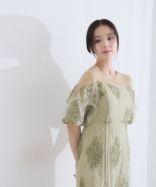 PourVous(プールヴー)の「ミモレ丈&袖あり フォーマル シアー切替スパンコール Iライン パフスリーブスカラップセレモニー 結婚式 二次会 パーティー ドレス オケージョンドレス お呼ばれ 同窓会 成人式 (ドレス・レディース・ベージュ/グリーン/グレー・M)」の12枚目の写真