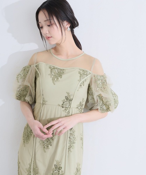 PourVous(プールヴー)の「ミモレ丈&袖あり フォーマル シアー切替スパンコール Iライン パフスリーブスカラップセレモニー 結婚式 二次会 パーティー ドレス オケージョンドレス お呼ばれ 同窓会 成人式 (ドレス・レディース・ベージュ/グリーン/グレー・M)」の13枚目の写真