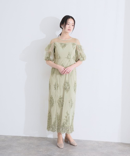 PourVous(プールヴー)の「ミモレ丈&袖あり フォーマル シアー切替スパンコール Iライン パフスリーブスカラップセレモニー 結婚式 二次会 パーティー ドレス オケージョンドレス お呼ばれ 同窓会 成人式 (ドレス・レディース・ベージュ/グリーン/グレー・M)」の14枚目の写真