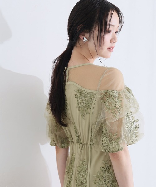 PourVous(プールヴー)の「ミモレ丈&袖あり フォーマル シアー切替スパンコール Iライン パフスリーブスカラップセレモニー 結婚式 二次会 パーティー ドレス オケージョンドレス お呼ばれ 同窓会 成人式 (ドレス・レディース・ベージュ/グリーン/グレー・M)」の15枚目の写真