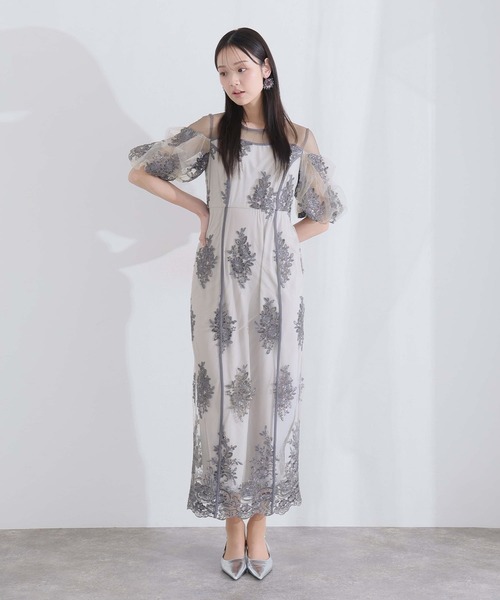 PourVous(プールヴー)の「ミモレ丈&袖あり フォーマル シアー切替スパンコール Iライン パフスリーブスカラップセレモニー 結婚式 二次会 パーティー ドレス オケージョンドレス お呼ばれ 同窓会 成人式 (ドレス・レディース・ベージュ/グリーン/グレー・M)」の16枚目の写真