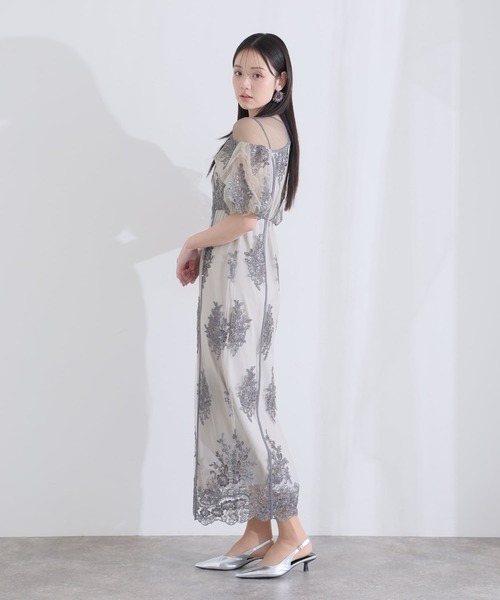 PourVous(プールヴー)の「ミモレ丈&袖あり フォーマル シアー切替スパンコール Iライン パフスリーブスカラップセレモニー 結婚式 二次会 パーティー ドレス オケージョンドレス お呼ばれ 同窓会 成人式 (ドレス・レディース・ベージュ/グリーン/グレー・M)」の17枚目の写真