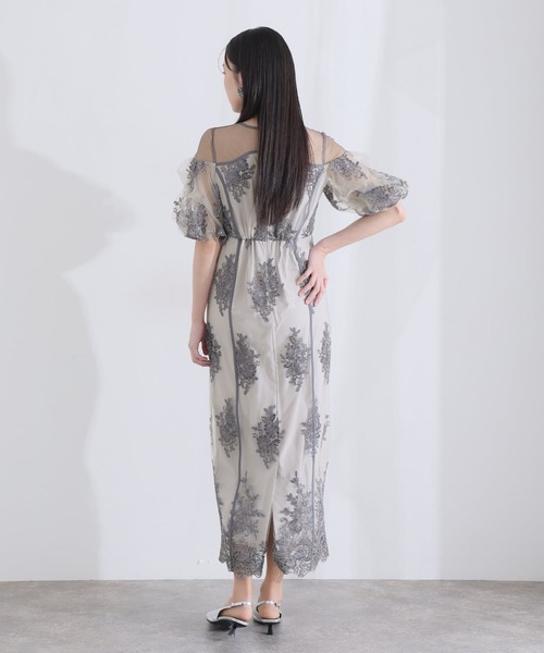 PourVous(プールヴー)の「ミモレ丈&袖あり フォーマル シアー切替スパンコール Iライン パフスリーブスカラップセレモニー 結婚式 二次会 パーティー ドレス オケージョンドレス お呼ばれ 同窓会 成人式 (ドレス・レディース・ベージュ/グリーン/グレー・M)」の18枚目の写真