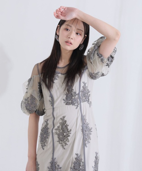 PourVous(プールヴー)の「ミモレ丈&袖あり フォーマル シアー切替スパンコール Iライン パフスリーブスカラップセレモニー 結婚式 二次会 パーティー ドレス オケージョンドレス お呼ばれ 同窓会 成人式 (ドレス・レディース・ベージュ/グリーン/グレー・M)」の19枚目の写真