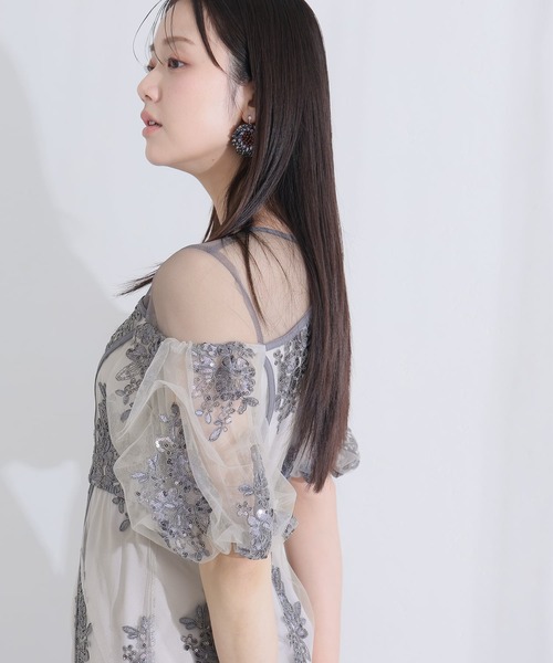 PourVous(プールヴー)の「ミモレ丈&袖あり フォーマル シアー切替スパンコール Iライン パフスリーブスカラップセレモニー 結婚式 二次会 パーティー ドレス オケージョンドレス お呼ばれ 同窓会 成人式 (ドレス・レディース・ベージュ/グリーン/グレー・M)」の20枚目の写真