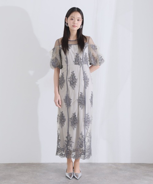 PourVous(プールヴー)の「ミモレ丈&袖あり フォーマル シアー切替スパンコール Iライン パフスリーブスカラップセレモニー 結婚式 二次会 パーティー ドレス オケージョンドレス お呼ばれ 同窓会 成人式 (ドレス・レディース・ベージュ/グリーン/グレー・M)」の21枚目の写真