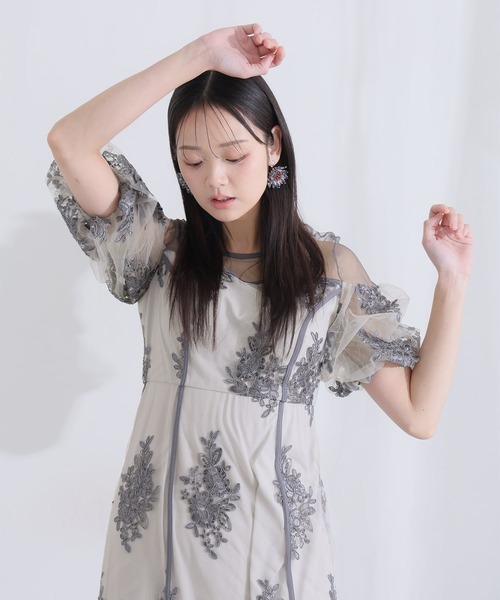 PourVous(プールヴー)の「ミモレ丈&袖あり フォーマル シアー切替スパンコール Iライン パフスリーブスカラップセレモニー 結婚式 二次会 パーティー ドレス オケージョンドレス お呼ばれ 同窓会 成人式 (ドレス・レディース・ベージュ/グリーン/グレー・M)」の22枚目の写真