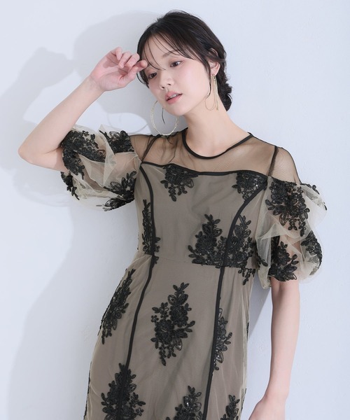 PourVous(プールヴー)の「ミモレ丈&袖あり フォーマル シアー切替スパンコール Iライン パフスリーブスカラップセレモニー 結婚式 二次会 パーティー ドレス オケージョンドレス お呼ばれ 同窓会 成人式 (ドレス・レディース・ベージュ/グリーン/グレー・M)」の4枚目の写真