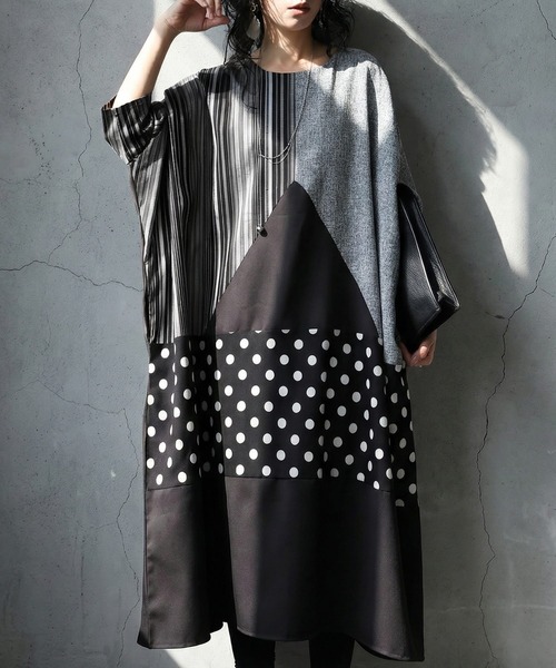 antiqua(アンティカ)の「七分袖 異素材切替 ロング ワンピース(ワンピース・レディース・ブラック・ONESIZE)」の1枚目の写真