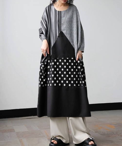 antiqua(アンティカ)の「七分袖 異素材切替 ロング ワンピース(ワンピース・レディース・ブラック・ONESIZE)」の6枚目の写真
