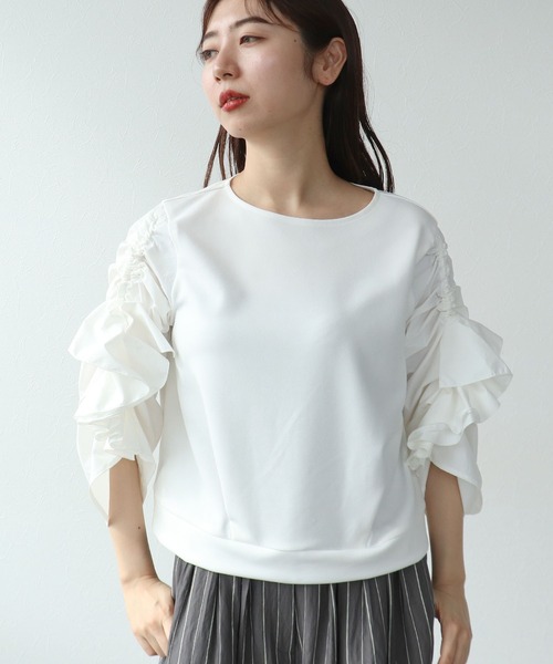 Cepica（セピカ）の「【MARECHAL TERRE / マルシャルテル】RUFFLE SLEEVE TOPS（Tシャツ/カットソー・レディース・オフホワイト/ブラック・FREE）」の4枚目の写真