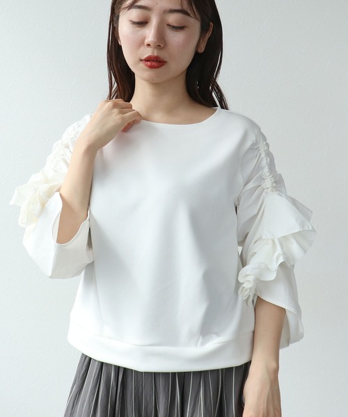 Cepica（セピカ）の「【MARECHAL TERRE / マルシャルテル】RUFFLE SLEEVE TOPS（Tシャツ/カットソー・レディース・オフホワイト/ブラック・FREE）」の5枚目の写真
