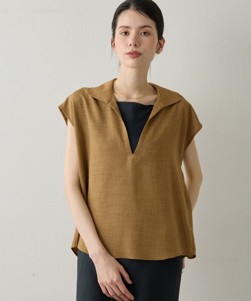 Drawing Numbers（ドローイング ナンバーズ）の「【Drawing Numbers】フェイクリネンフレンチスキッパーブラウス（シャツ/ブラウス・レディース・ブラック/ブラウン/ベージュ・38）」の3枚目の写真