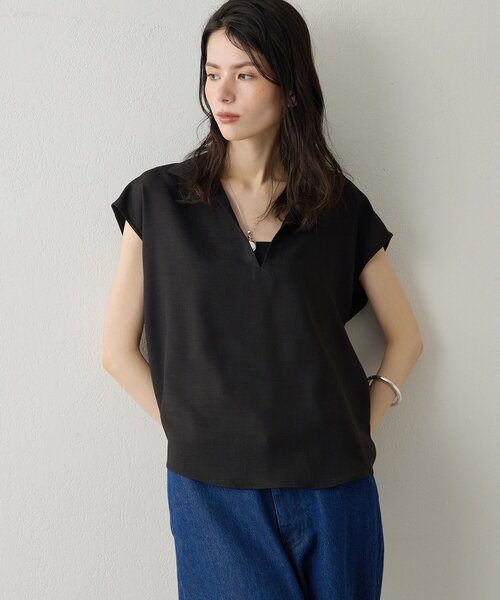 Drawing Numbers（ドローイング ナンバーズ）の「【Drawing Numbers】フェイクリネンフレンチスキッパーブラウス（シャツ/ブラウス・レディース・ブラック/ブラウン/ベージュ・38）」の2枚目の写真