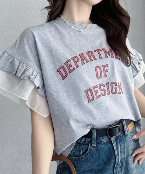 umune(ウムネ)の「カレッジロゴ Tシャツ 半袖 フリル袖 異素材切り替え ロゴプリント カットソー トップス カジュアル 大人可愛い 夏(Tシャツ/カットソー・レディース・アイボリー/杢グレー/チャコールグレー・FREE)」の3枚目の写真