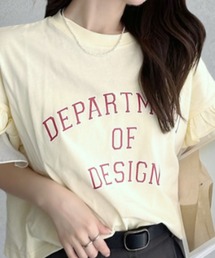 カレッジロゴ Tシャツ 半袖 フリル袖 異素材切り替え ロゴプリント カットソー トップス カジュアル 大人可愛い 夏