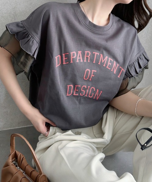 umune(ウムネ)の「カレッジロゴ Tシャツ 半袖 フリル袖 異素材切り替え ロゴプリント カットソー トップス カジュアル 大人可愛い 夏(Tシャツ/カットソー・レディース・アイボリー/杢グレー/チャコールグレー・FREE)」の7枚目の写真