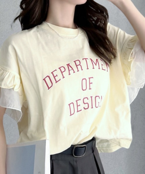 umune(ウムネ)の「カレッジロゴ Tシャツ 半袖 フリル袖 異素材切り替え ロゴプリント カットソー トップス カジュアル 大人可愛い 夏(Tシャツ/カットソー・レディース・アイボリー/杢グレー/チャコールグレー・FREE)」の8枚目の写真