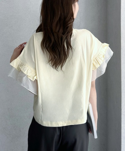 umune(ウムネ)の「カレッジロゴ Tシャツ 半袖 フリル袖 異素材切り替え ロゴプリント カットソー トップス カジュアル 大人可愛い 夏(Tシャツ/カットソー・レディース・アイボリー/杢グレー/チャコールグレー・FREE)」の9枚目の写真