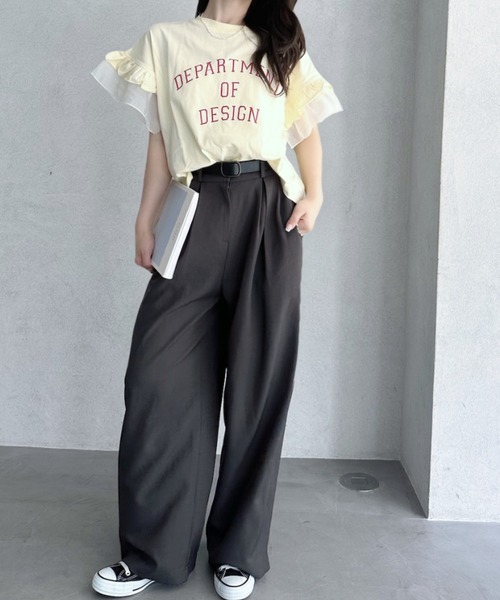 umune(ウムネ)の「カレッジロゴ Tシャツ 半袖 フリル袖 異素材切り替え ロゴプリント カットソー トップス カジュアル 大人可愛い 夏(Tシャツ/カットソー・レディース・アイボリー/杢グレー/チャコールグレー・FREE)」の10枚目の写真