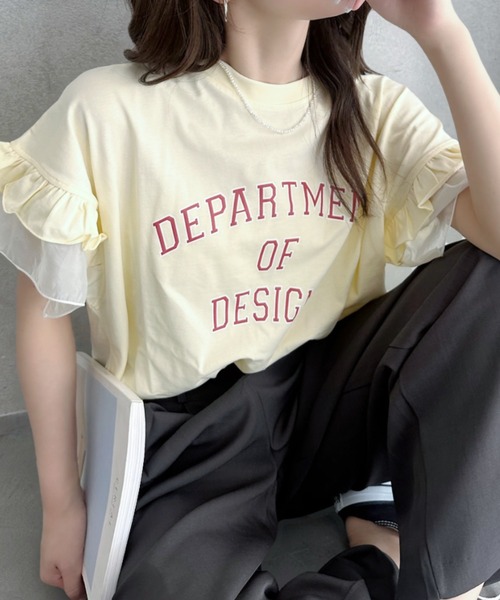 umune(ウムネ)の「カレッジロゴ Tシャツ 半袖 フリル袖 異素材切り替え ロゴプリント カットソー トップス カジュアル 大人可愛い 夏(Tシャツ/カットソー・レディース・アイボリー/杢グレー/チャコールグレー・FREE)」の11枚目の写真