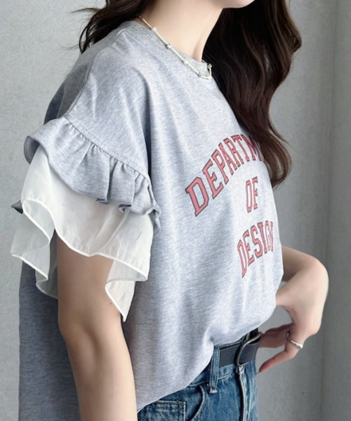 umune(ウムネ)の「カレッジロゴ Tシャツ 半袖 フリル袖 異素材切り替え ロゴプリント カットソー トップス カジュアル 大人可愛い 夏(Tシャツ/カットソー・レディース・アイボリー/杢グレー/チャコールグレー・FREE)」の12枚目の写真