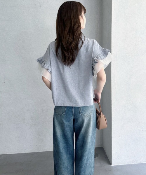 umune(ウムネ)の「カレッジロゴ Tシャツ 半袖 フリル袖 異素材切り替え ロゴプリント カットソー トップス カジュアル 大人可愛い 夏(Tシャツ/カットソー・レディース・アイボリー/杢グレー/チャコールグレー・FREE)」の13枚目の写真