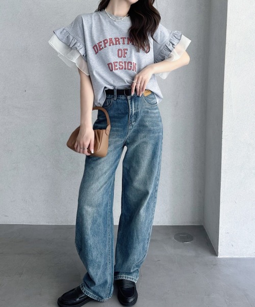 umune(ウムネ)の「カレッジロゴ Tシャツ 半袖 フリル袖 異素材切り替え ロゴプリント カットソー トップス カジュアル 大人可愛い 夏(Tシャツ/カットソー・レディース・アイボリー/杢グレー/チャコールグレー・FREE)」の14枚目の写真