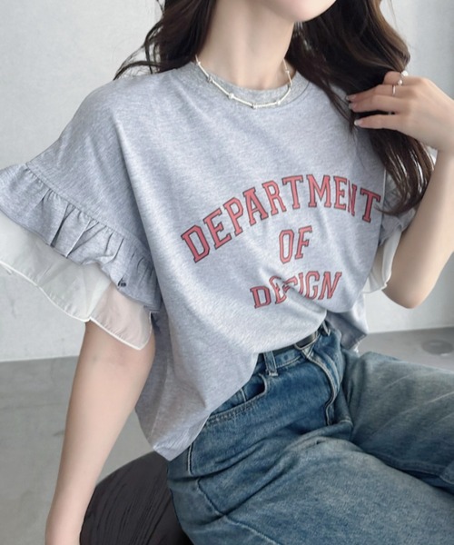 umune(ウムネ)の「カレッジロゴ Tシャツ 半袖 フリル袖 異素材切り替え ロゴプリント カットソー トップス カジュアル 大人可愛い 夏(Tシャツ/カットソー・レディース・アイボリー/杢グレー/チャコールグレー・FREE)」の15枚目の写真