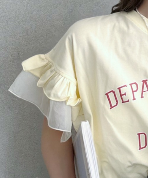umune(ウムネ)の「カレッジロゴ Tシャツ 半袖 フリル袖 異素材切り替え ロゴプリント カットソー トップス カジュアル 大人可愛い 夏(Tシャツ/カットソー・レディース・アイボリー/杢グレー/チャコールグレー・FREE)」の17枚目の写真