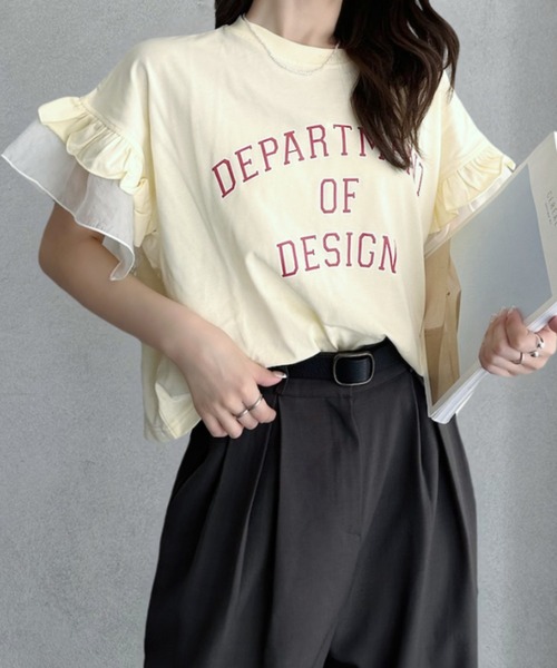 umune(ウムネ)の「カレッジロゴ Tシャツ 半袖 フリル袖 異素材切り替え ロゴプリント カットソー トップス カジュアル 大人可愛い 夏(Tシャツ/カットソー・レディース・アイボリー/杢グレー/チャコールグレー・FREE)」の16枚目の写真